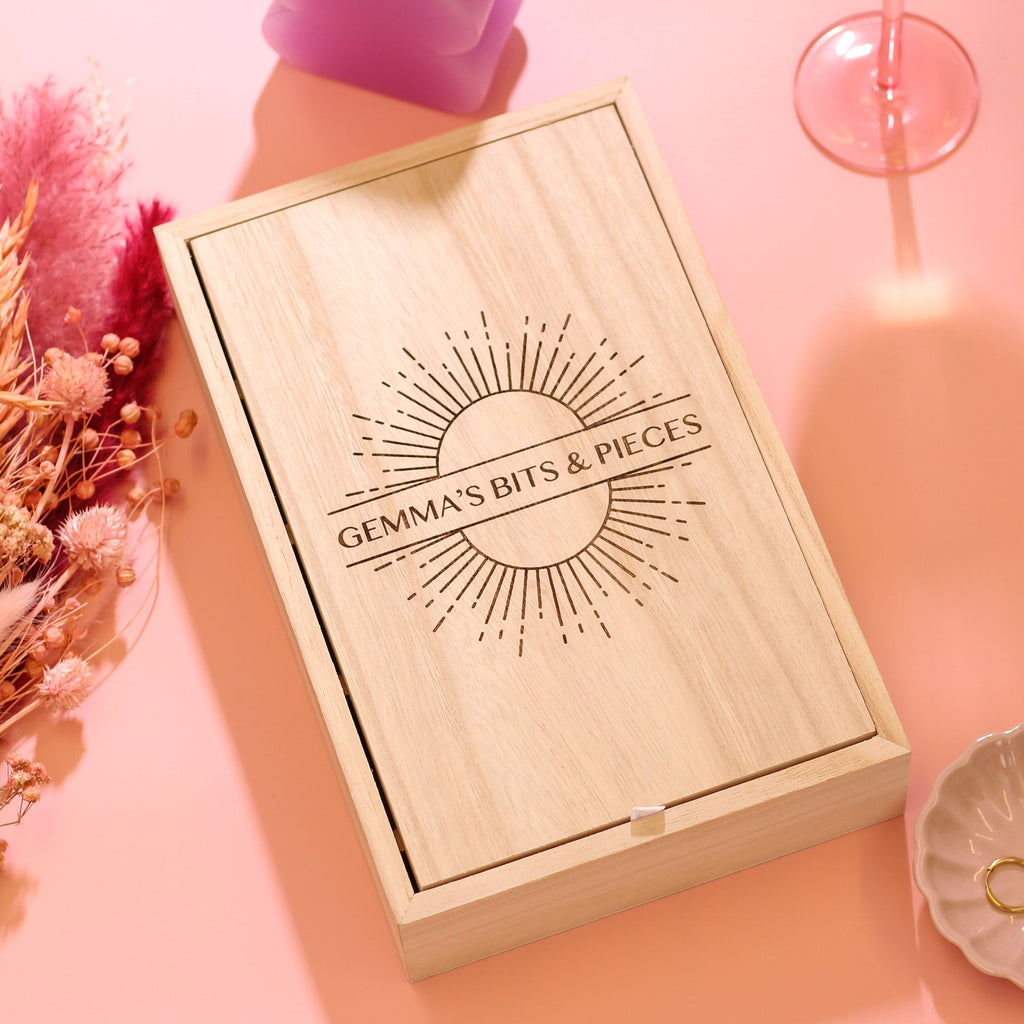 Personalised Sun Wooden Jewellery Case With Mirror