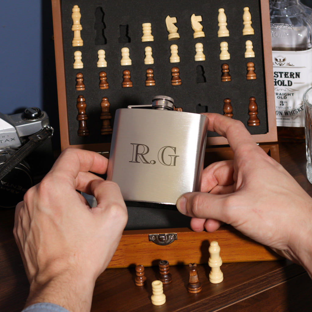 Personalised Chess And Hip Flask Trave Gift Set For Him Whiskey Present