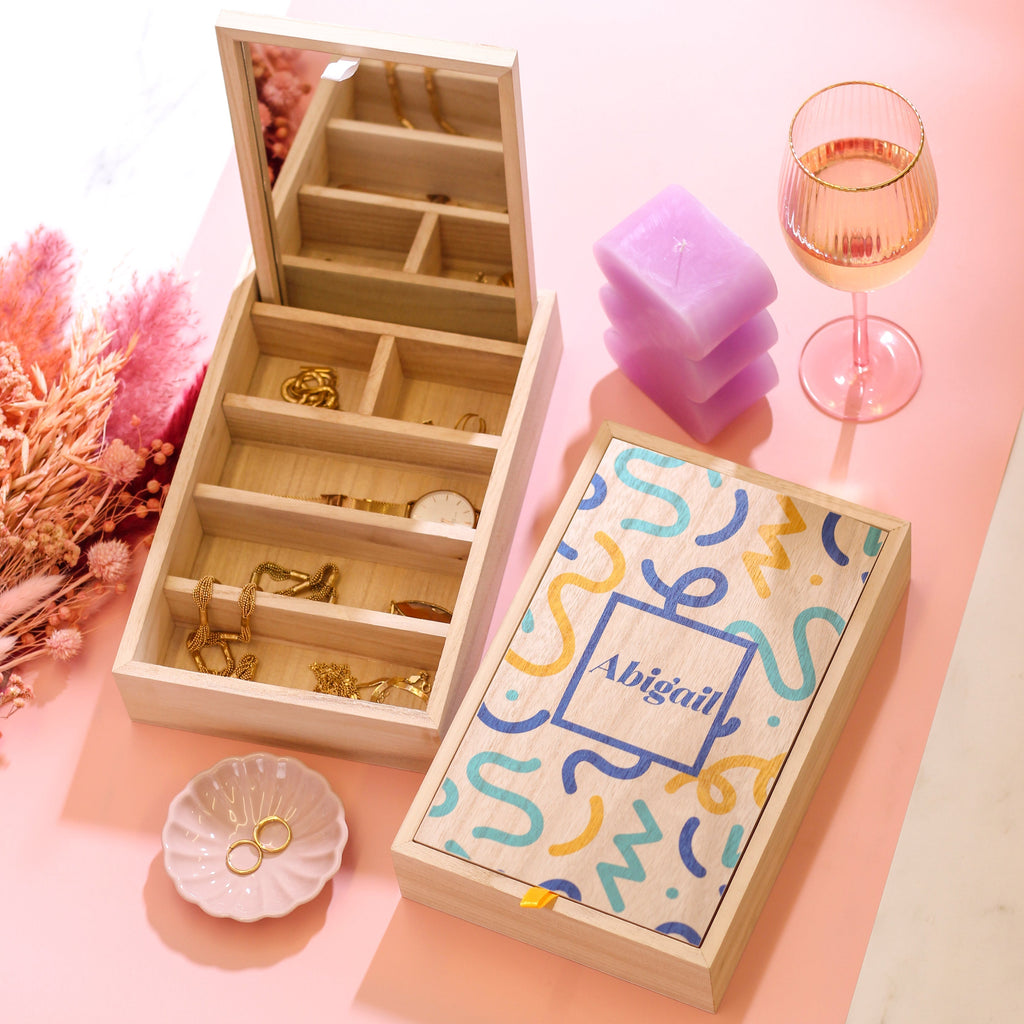 Personalised Squiggle Design Mirror Wooden Storage Box