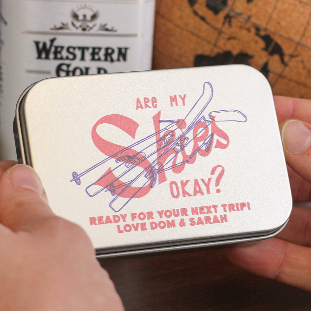 Personalised Ski Alcohol Tin Gift For Holiday Travel Present