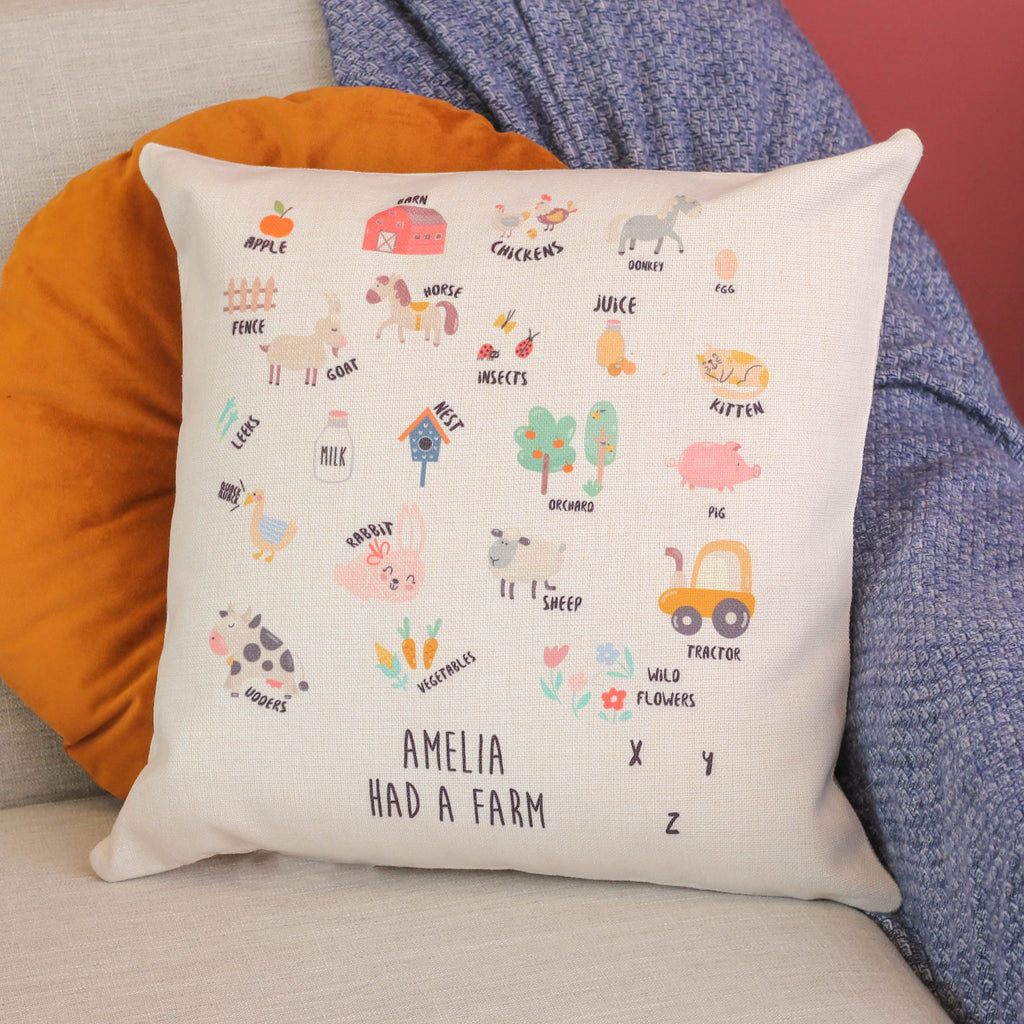 Personalised Alphabet Farm Cushion For Kids Room Nursery Present For New Baby Or Young Child