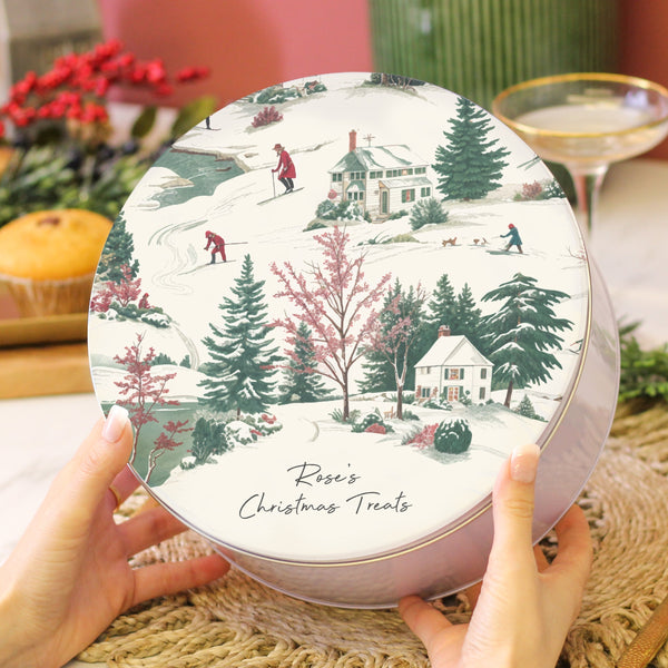 Personalised Winter Scene Christmas Cake Tin Gift For The Family