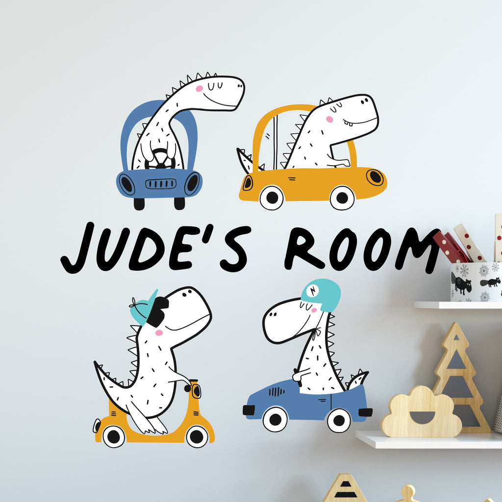 Personalised Set Of Four Dinosaur Cars Wall Sticker