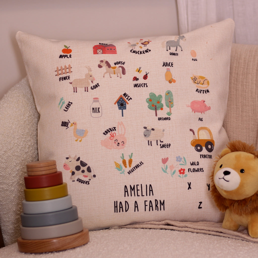 Personalised Alphabet Farm Cushion For Kids Room Nursery Present For New Baby Or Young Child