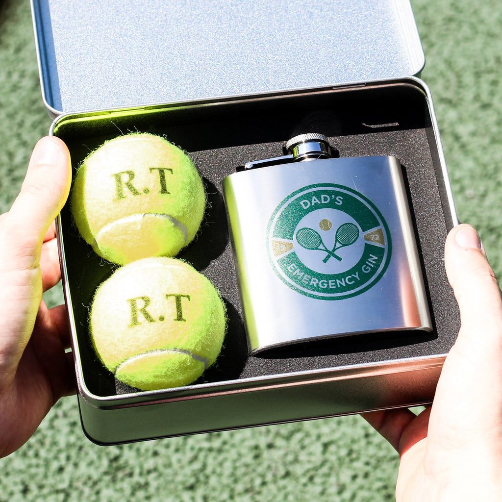 Personalised Tennis Hip Flask And Balls Tin Gift For Him