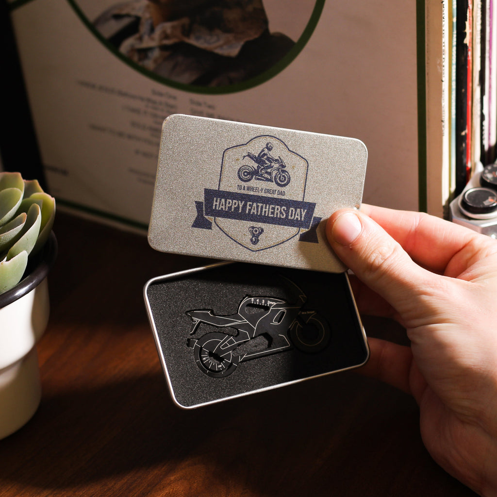 Personalised Motorbike Credit Card Tool And Tin Gift For Dad