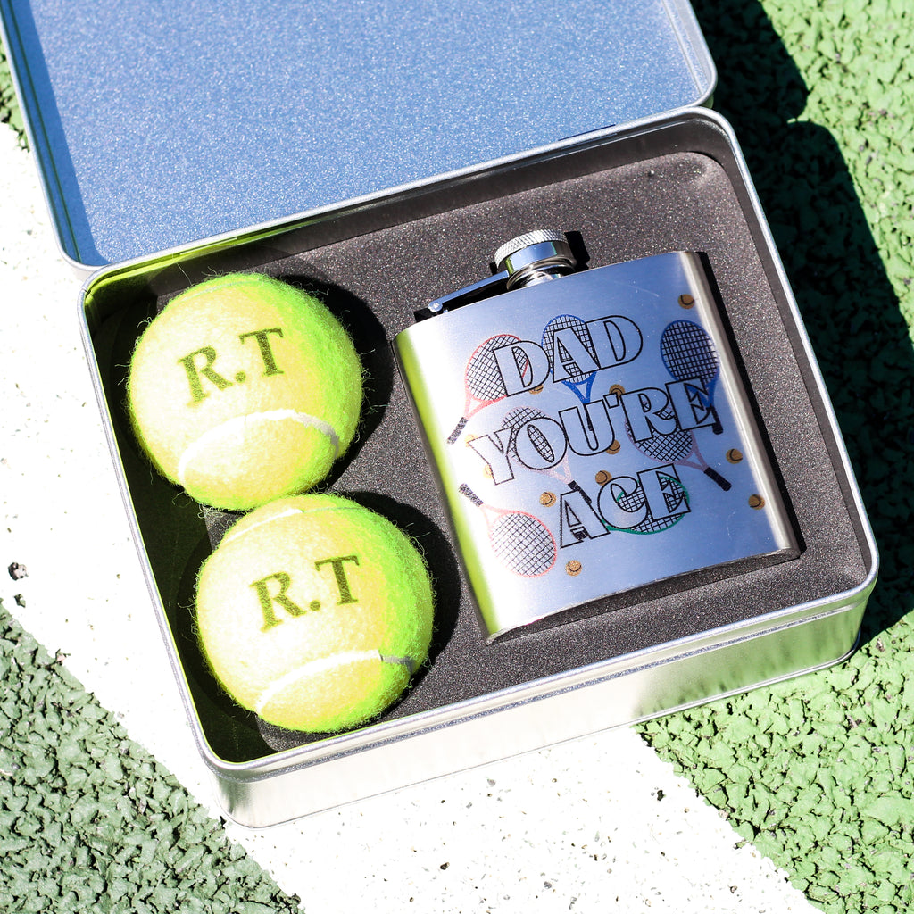 Personalised Your Ace Tennis Balls Tin And Hip Flask Gift For Dad