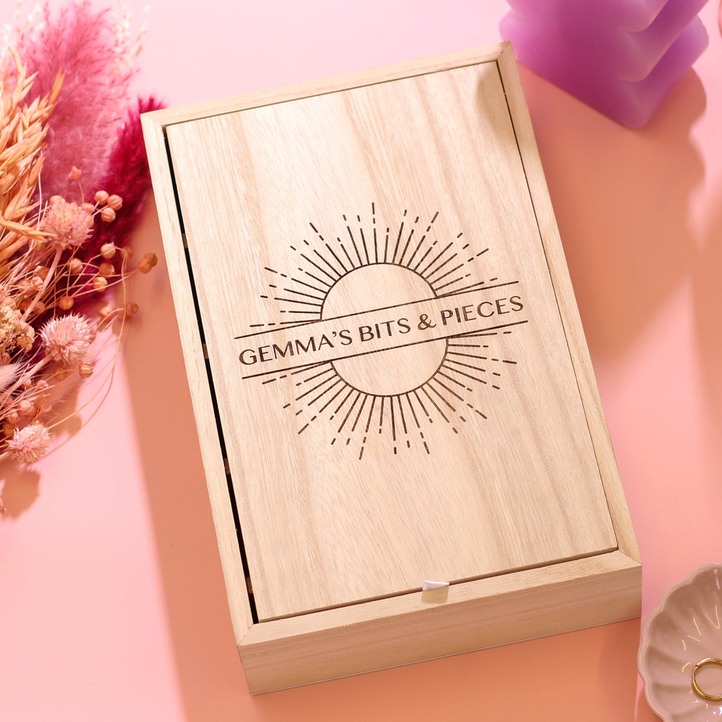 Personalised Sun Wooden Jewellery Case With Mirror