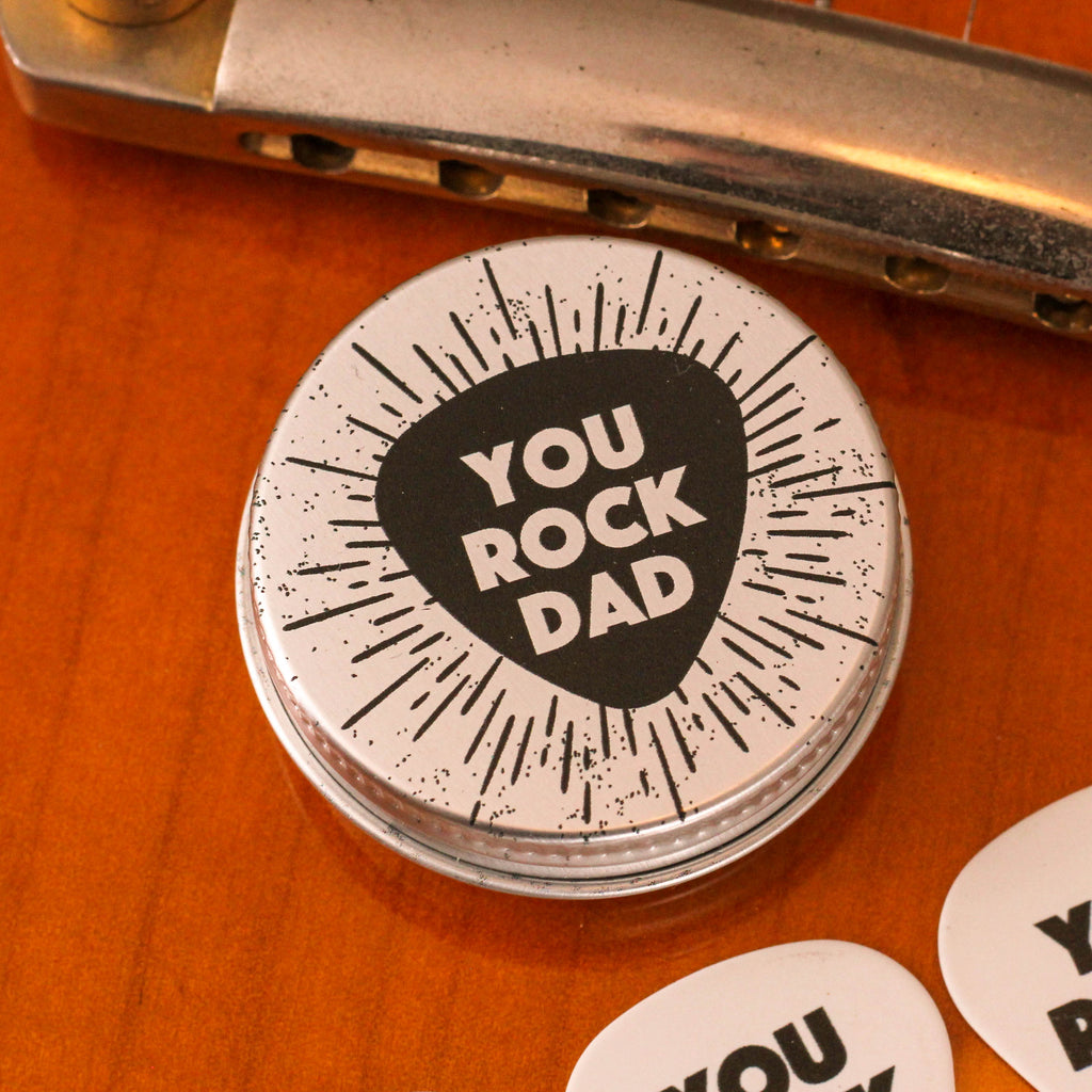 Personalised Rock On Guitar Picks And Tin Gift For Dad