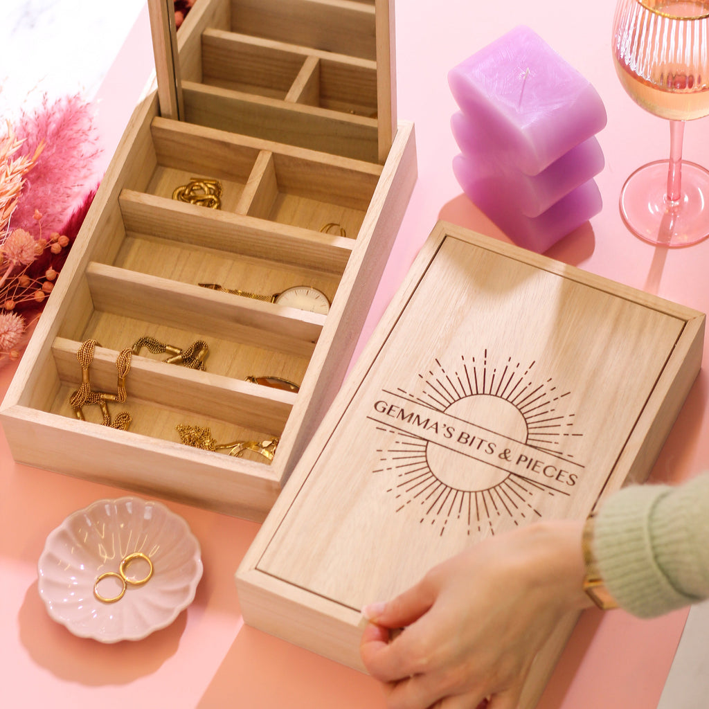 Personalised Sun Wooden Jewellery Case With Mirror