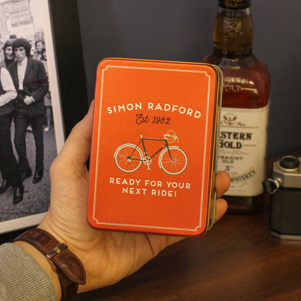 Personalised Retro Bike Hip Flask Tin With Matching Tin