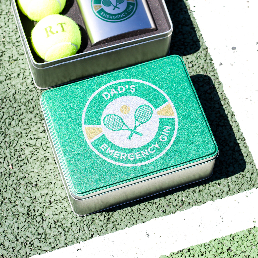 Personalised Green Tennis Hip Flask And Balls Tin