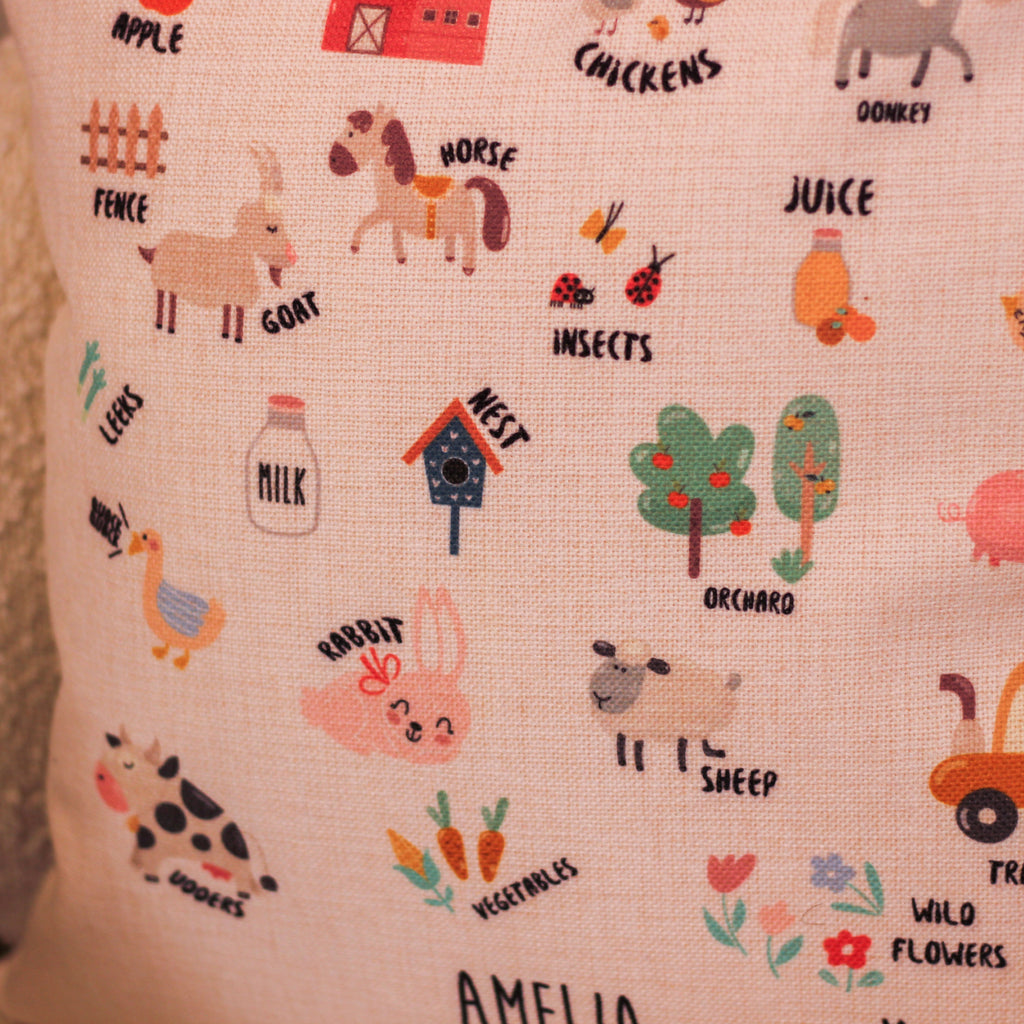 Personalised Alphabet Farm Cushion For Kids Room Nursery Present For New Baby Or Young Child