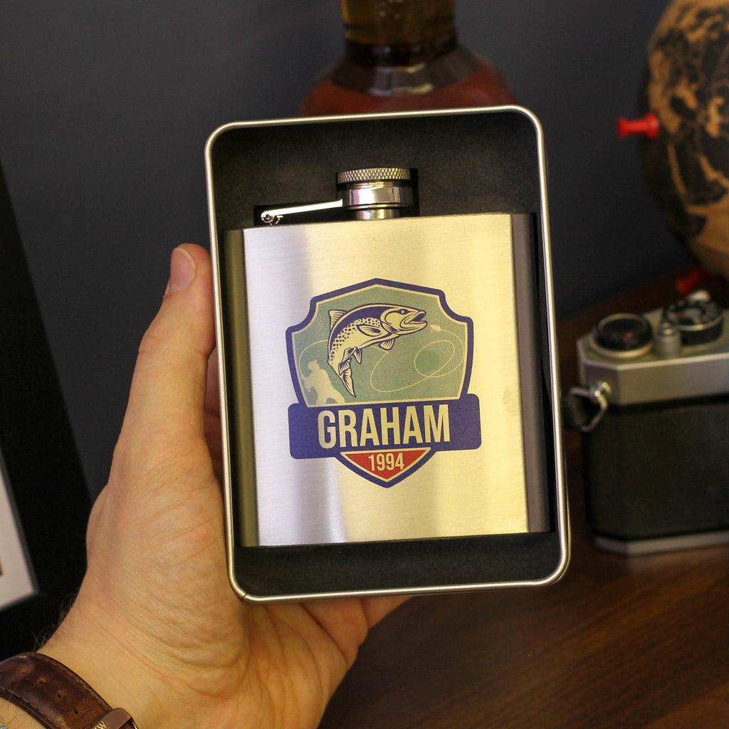 Personalised Fishing Hip Flask Tin Gift Set