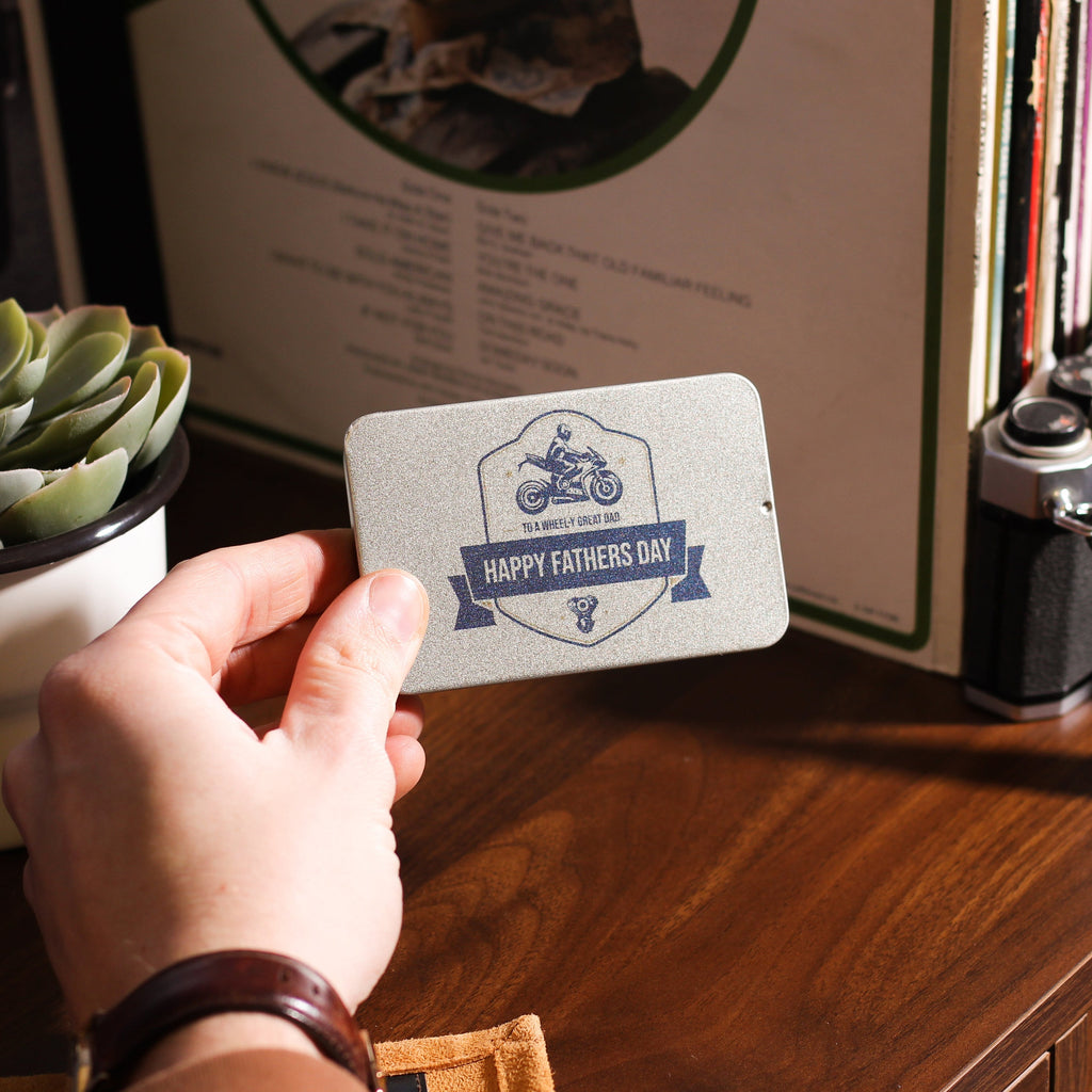 Personalised Motorbike Credit Card Tool And Tin Gift For Dad