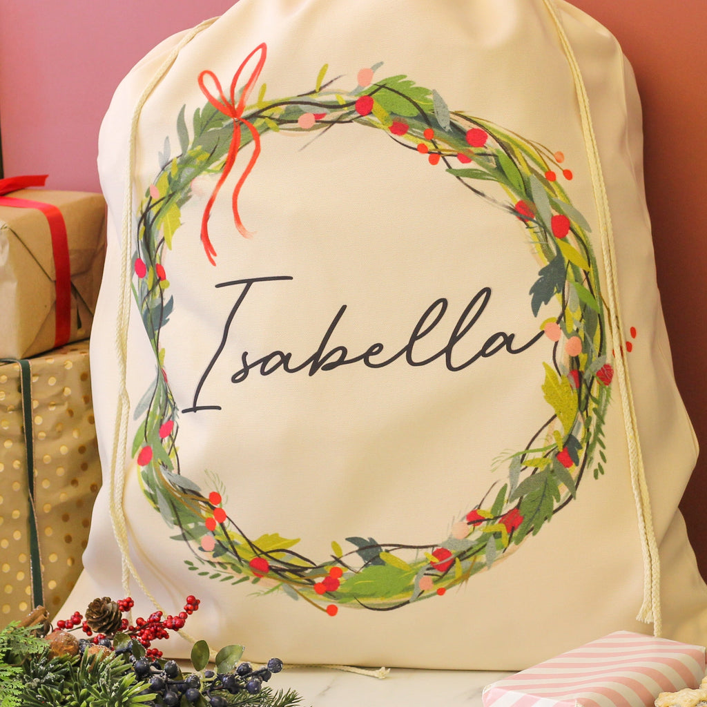 Personalised Wreath Santa Sack Christmas Gift For Kids