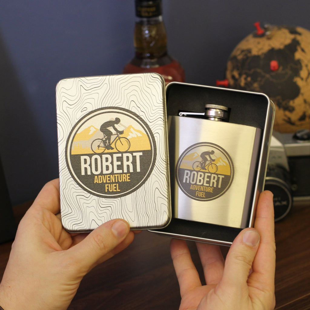 Personalised Road Bike Tin Hip Flask With Matching Tin