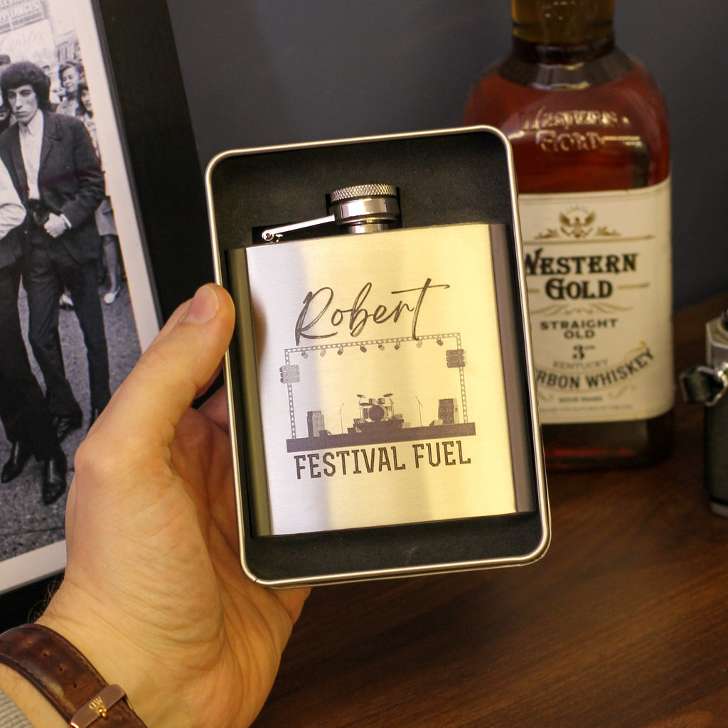 Personalised Festival Hip Flask Tin Gift Set