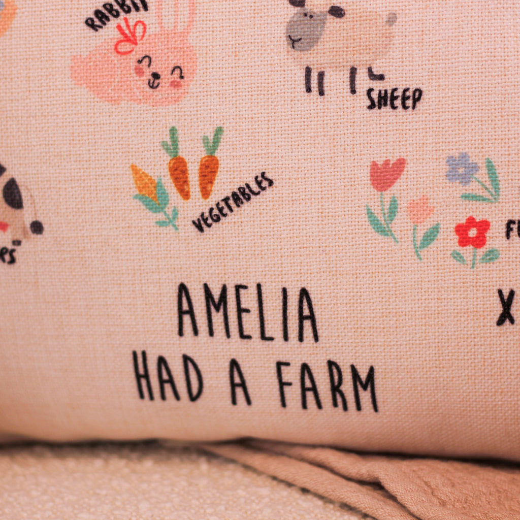 Personalised Alphabet Farm Cushion For Kids Room Nursery Present For New Baby Or Young Child