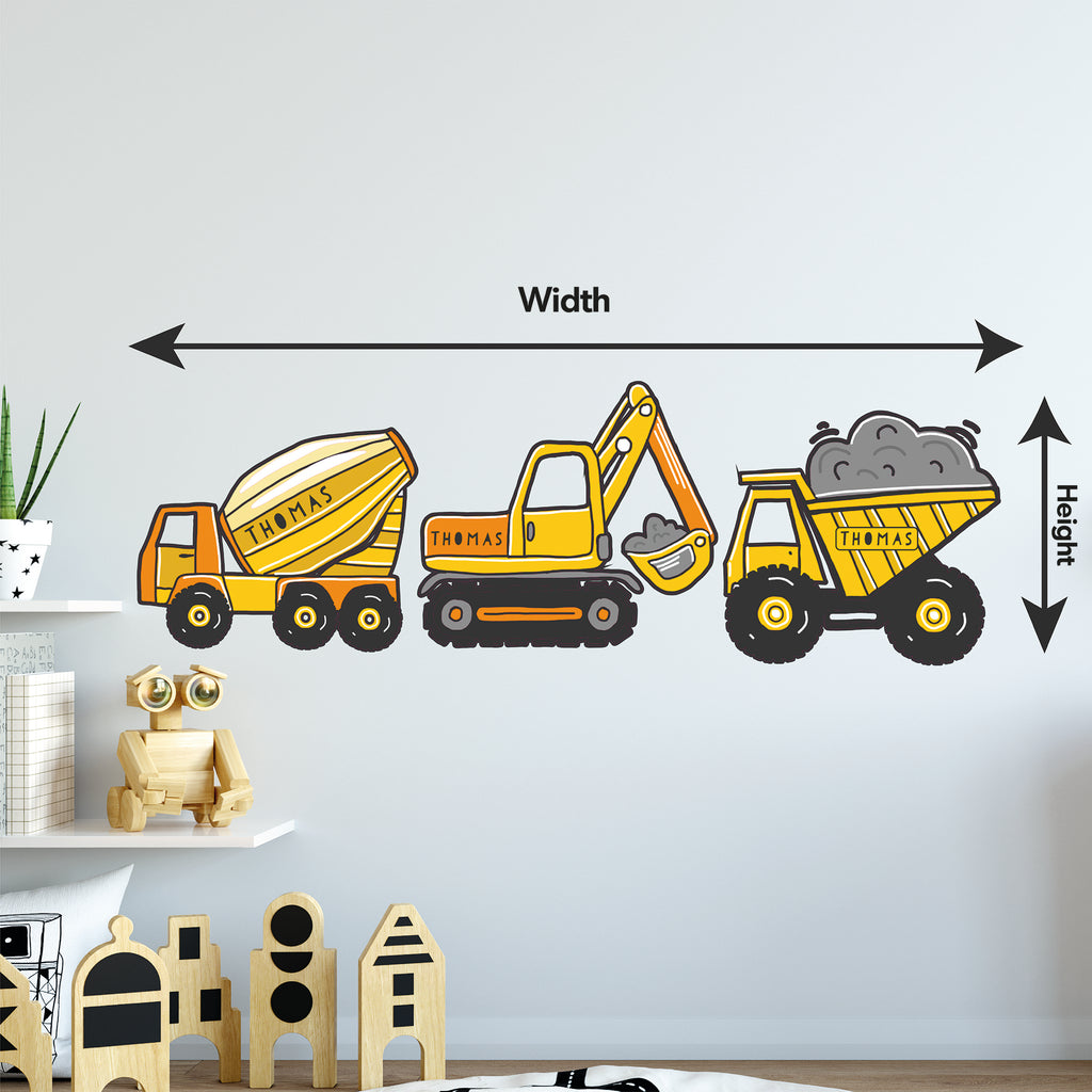 Personalised Set Of Three Diggers Wall Sticker Decor
