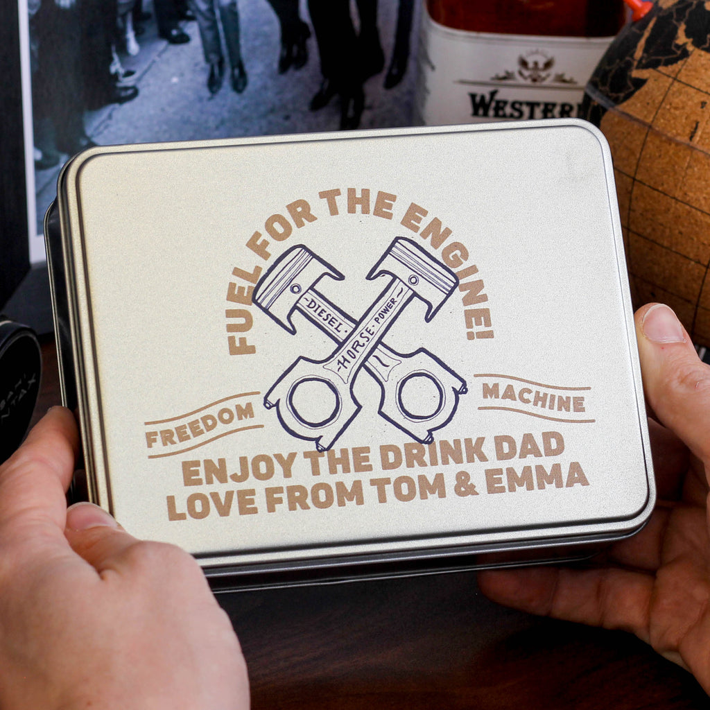 Personalised Piston Whiskey Tin Gift For Dad Motorbike