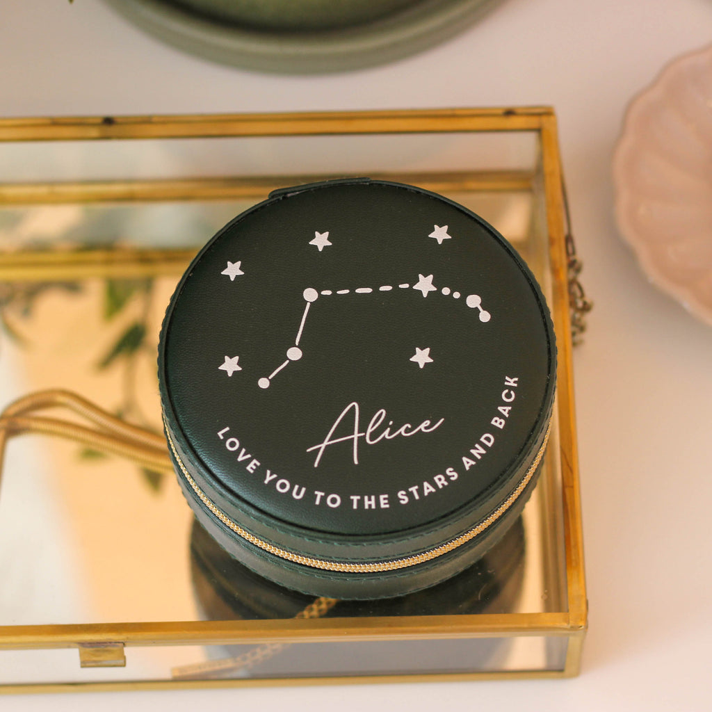 Personalised Star Sign Birthday Round Jewellery Case