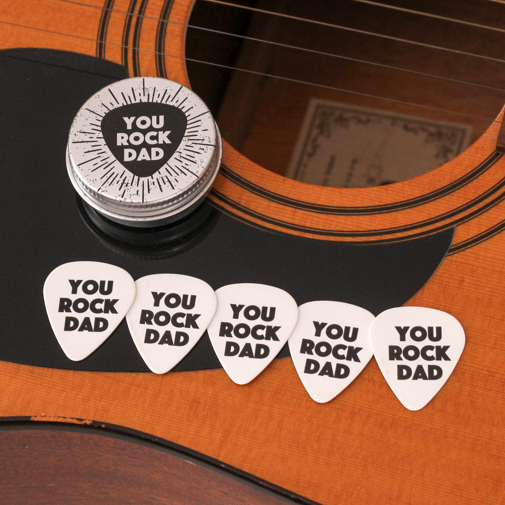 Personalised Rock On Guitar Picks And Tin Gift For Dad