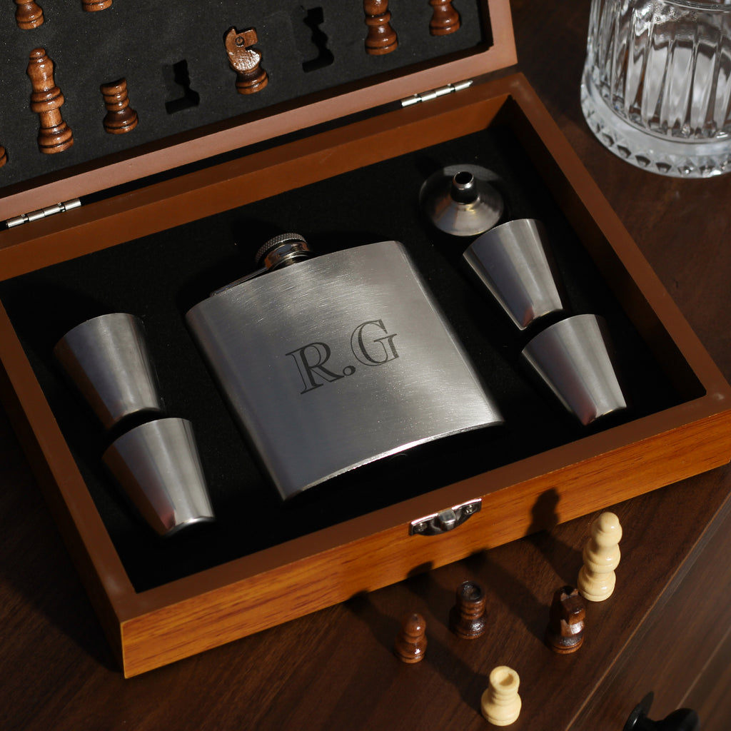 Personalised Chess And Hip Flask Trave Gift Set For Him Whiskey Present