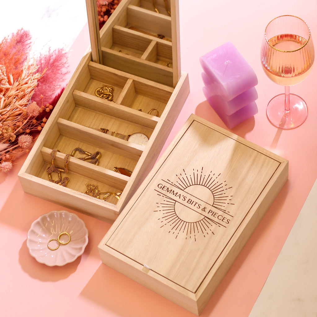 Personalised Sun Wooden Jewellery Case With Mirror