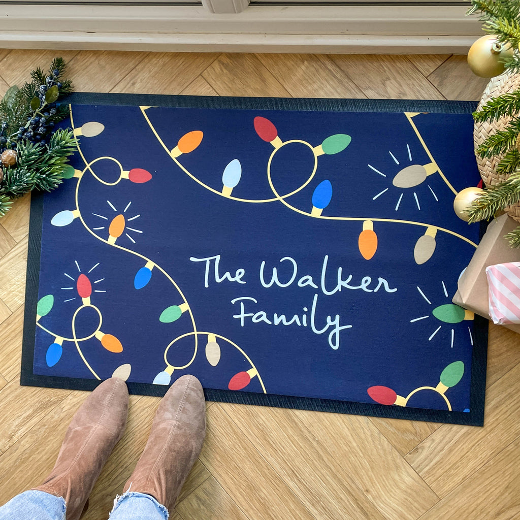 Personalised Navy Christmas Lights Family Doormat