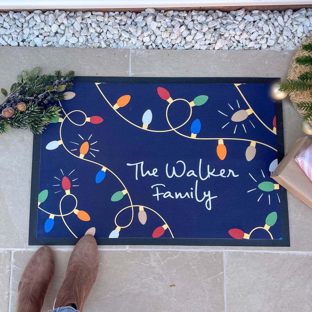 Personalised Navy Christmas Lights Family Doormat
