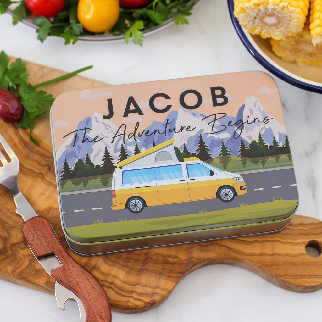 Personalised Camper Van Camping Cutlery Adventure Tin