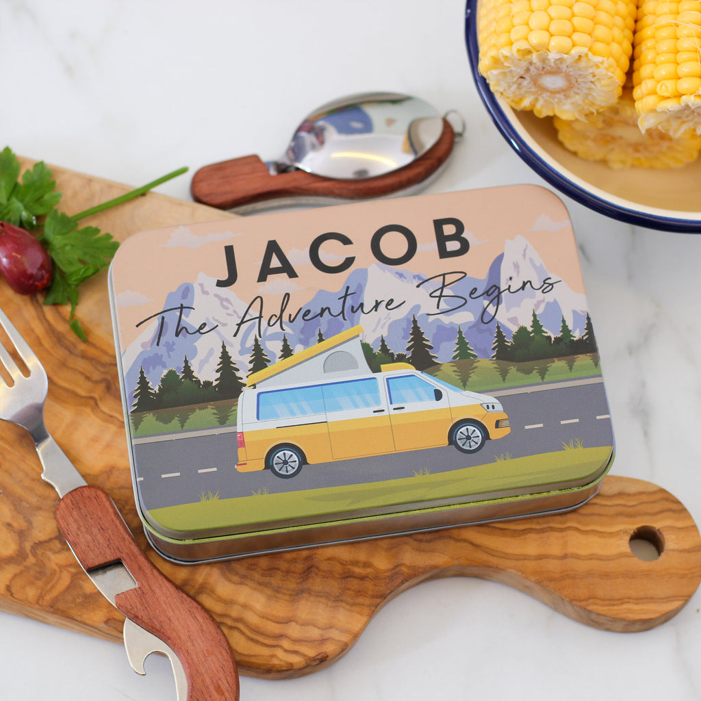 Personalised Camper Van Camping Cutlery Adventure Tin