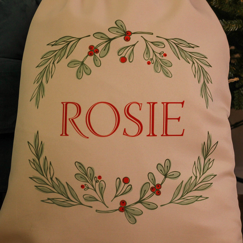 Personalised Christmas Wreath Santa Sack Stocking Gift