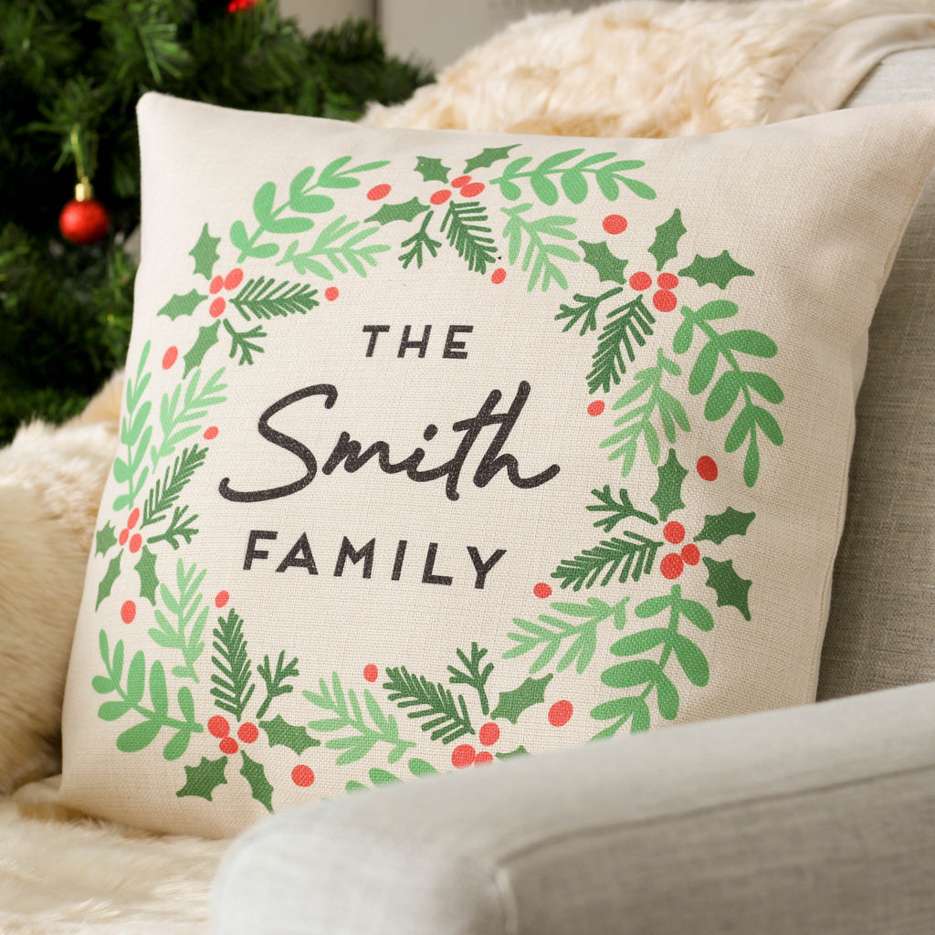 Personalised Christmas Family Wreath Decoration Cushion