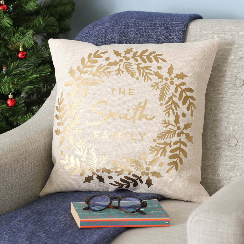 Personalised Metallic Gold Christmas Wreath Cushion