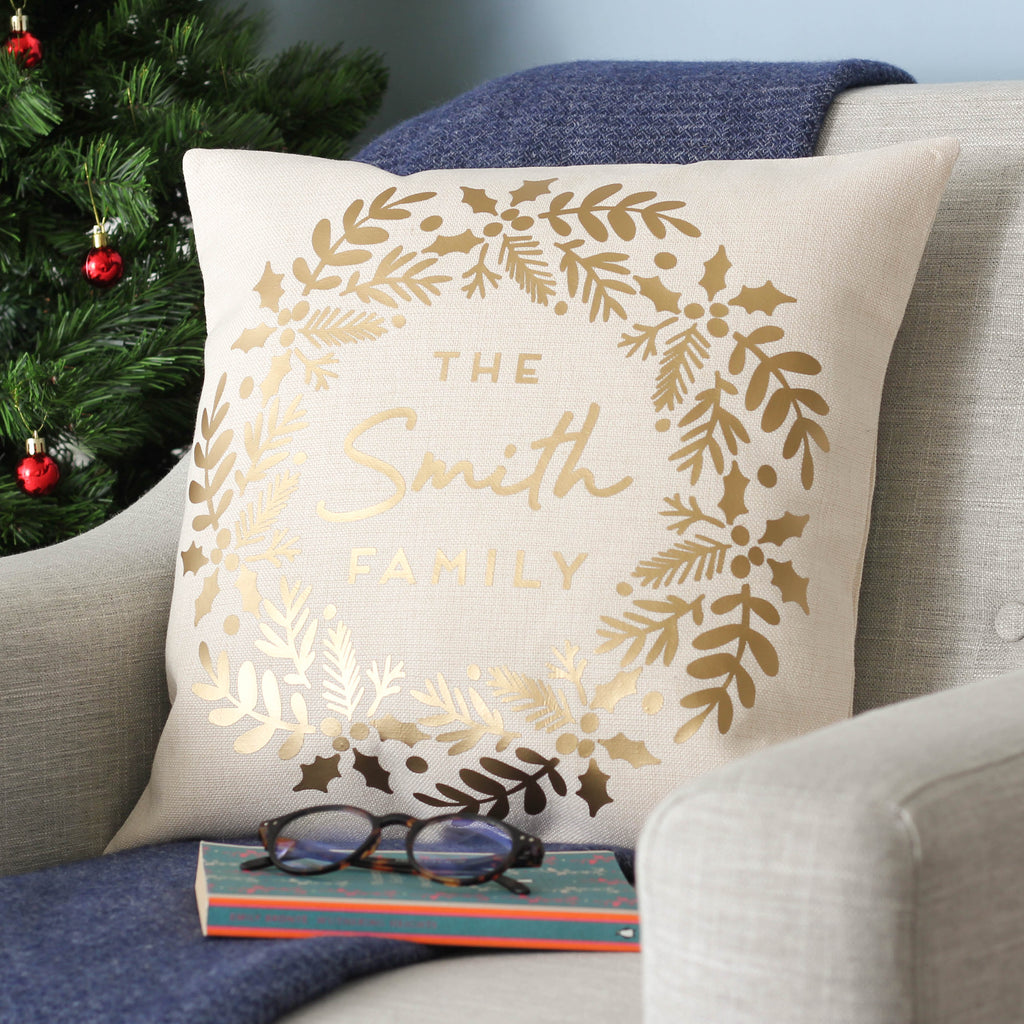 Personalised Metallic Gold Christmas Wreath Cushion