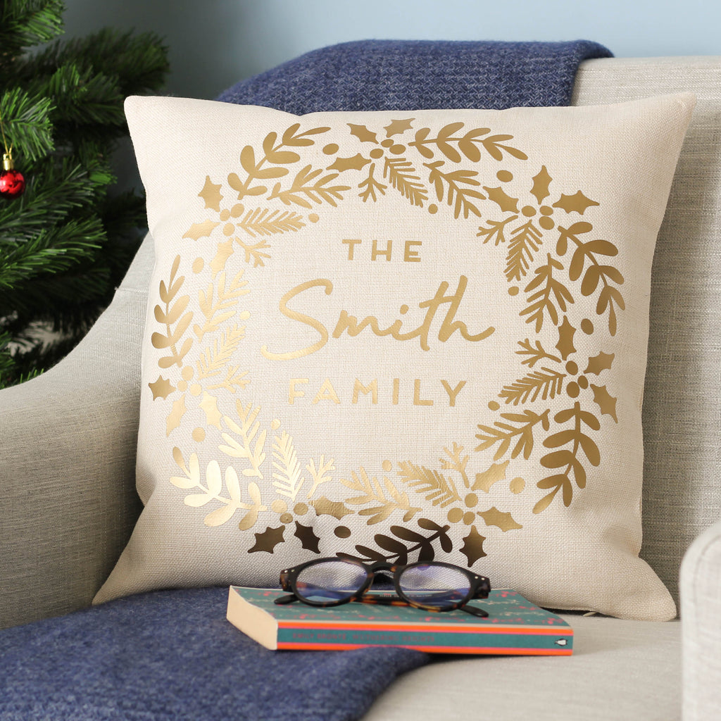 Personalised Metallic Gold Christmas Wreath Cushion