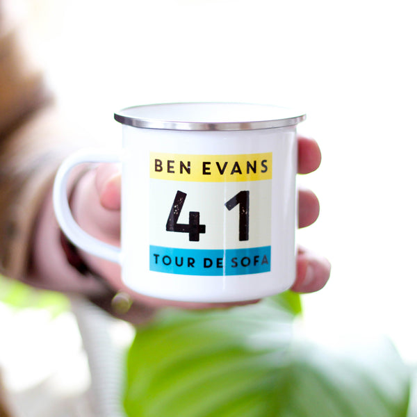 Personalised Tour De Sofa Enamel Mug