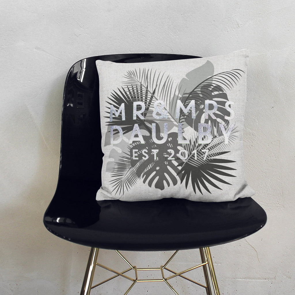 Personalised Mr And Mrs Gold Floral Grey Cushion