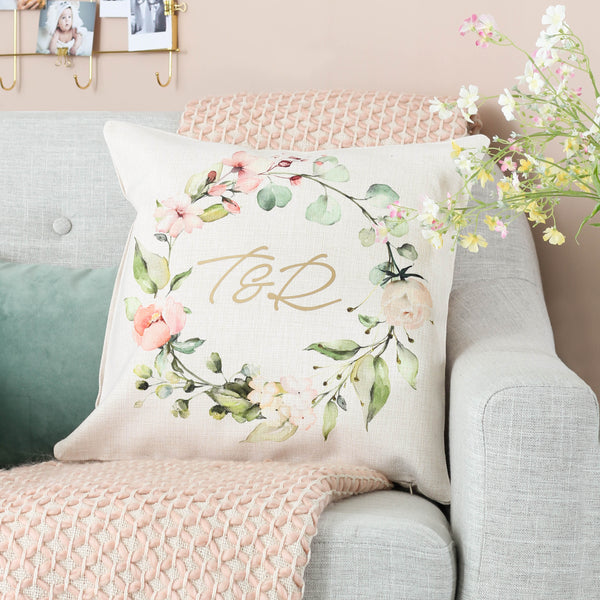 Personalised Floral Wreath Metallic Cushion