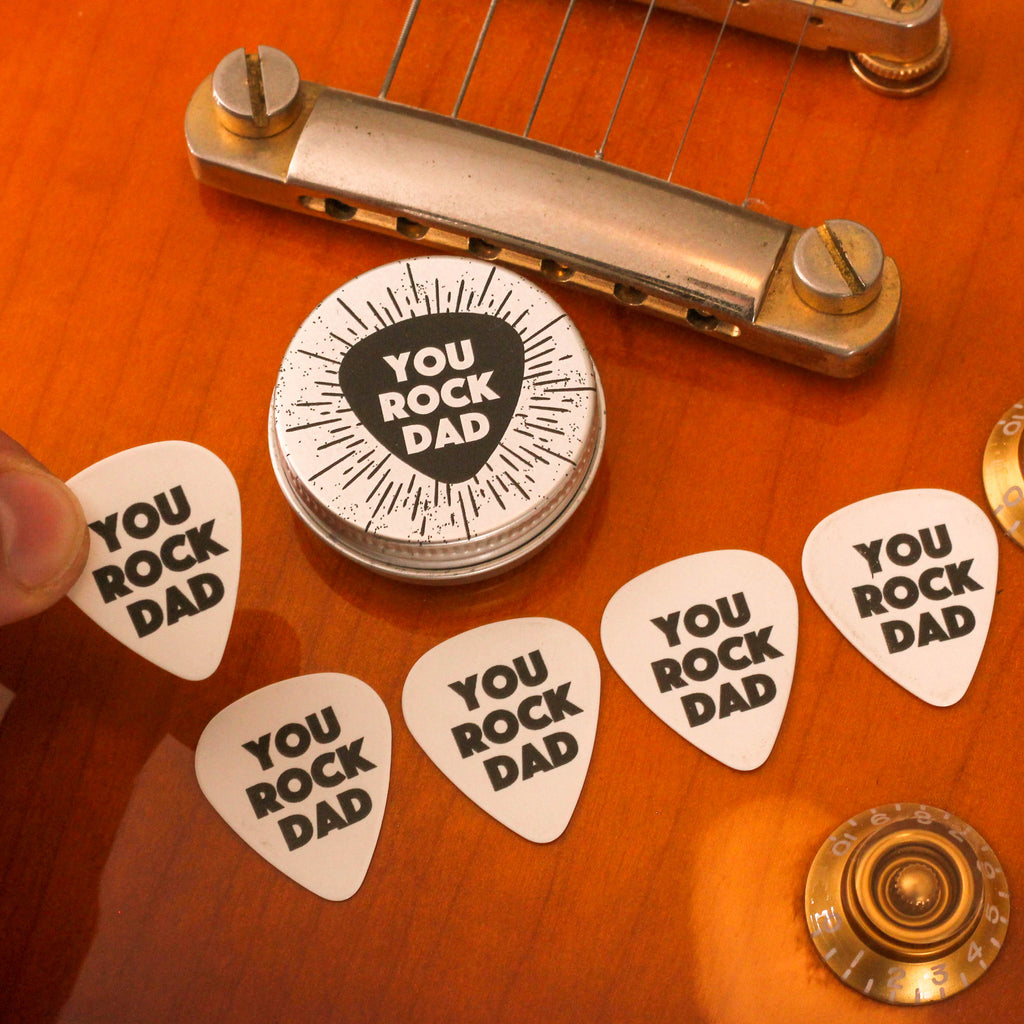 Personalised Rock On Guitar Picks And Tin Gift For Dad