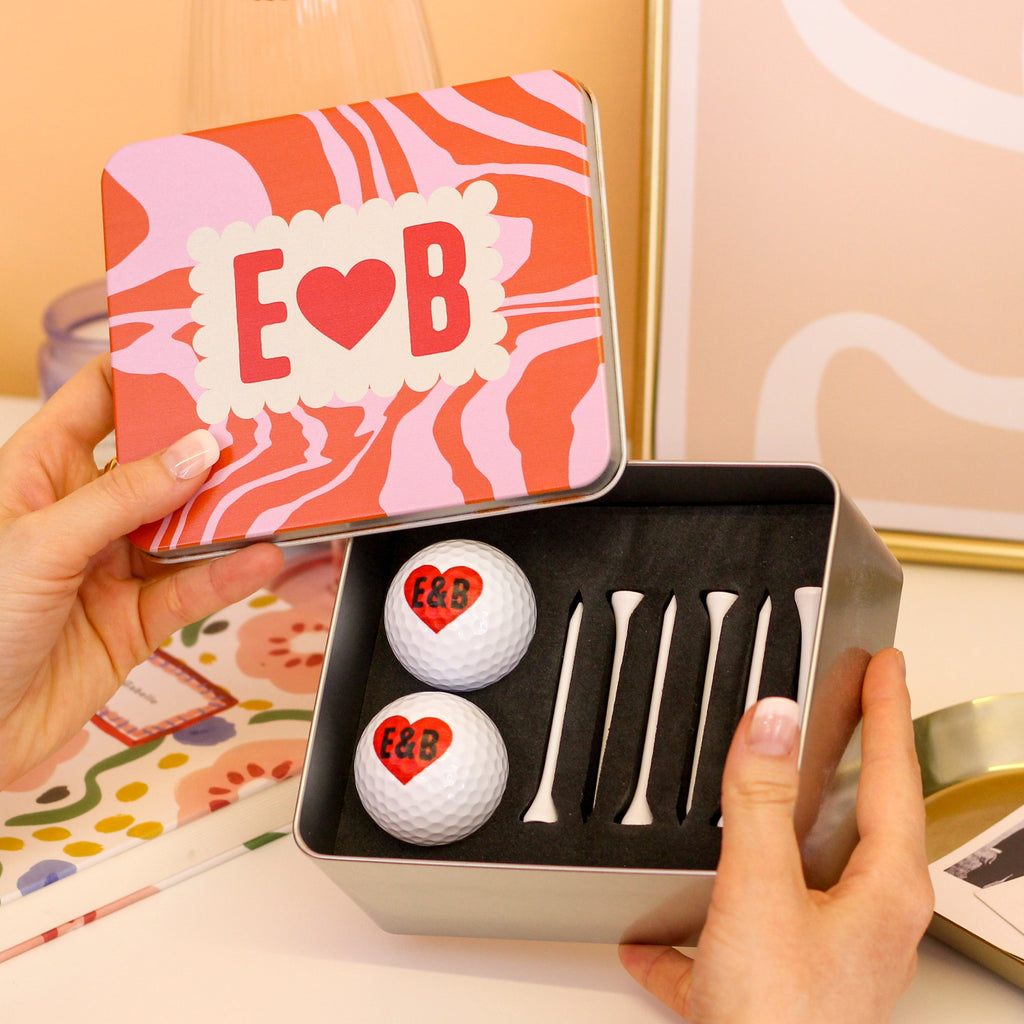 Personalised Couples Love Heart Golf Tin Gift Set