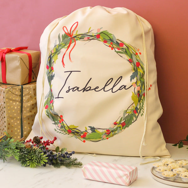 Personalised Wreath Santa Sack Christmas Gift For Kids