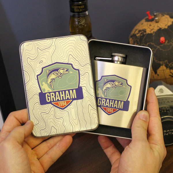Personalised Fishing Hip Flask Tin Gift Set
