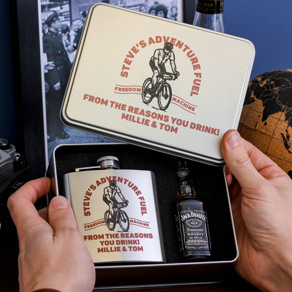 Personalised Bike Whiskey And Hip Flask Gift For Dad