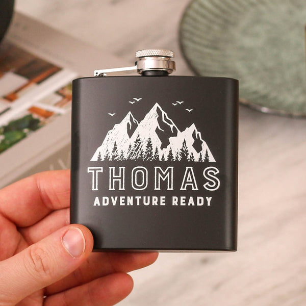 Personalised Mountains Adventure Hip Flask Travel Gift