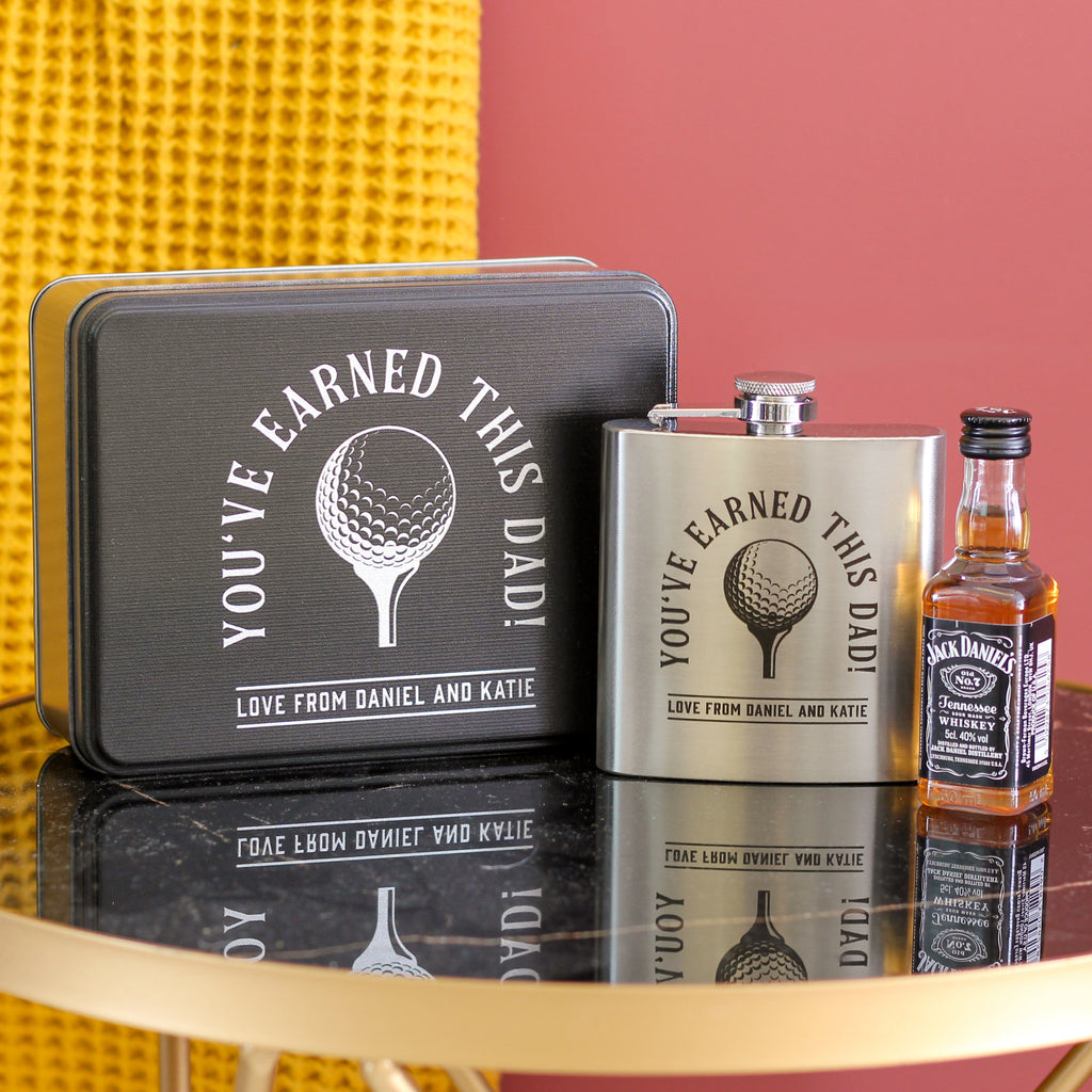 Personalised Hip Flask Whiskey Golfer Tin Set