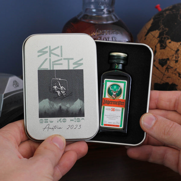 Personalised Ski Lift Alcohol Tin Travel Gift Holiday