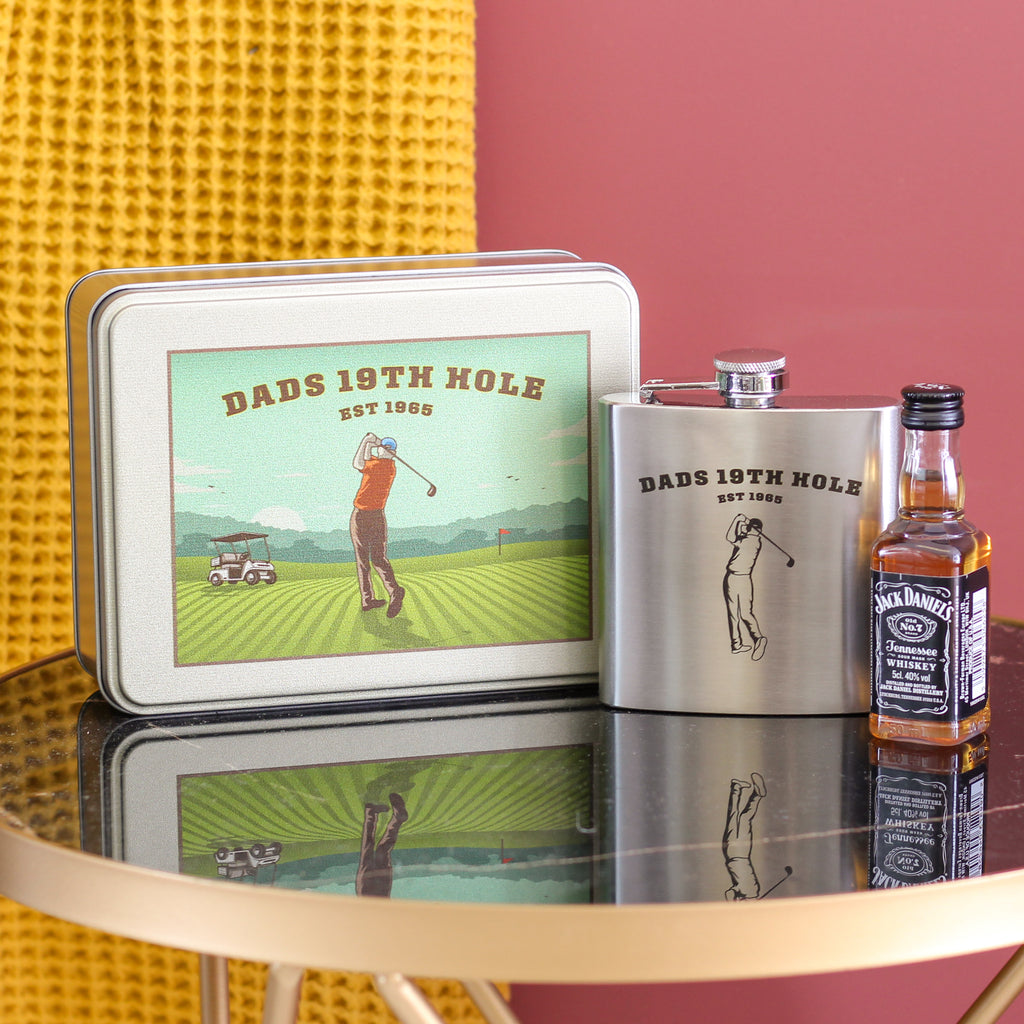 Personalised Hip Flask And Whiskey Set Golf Green